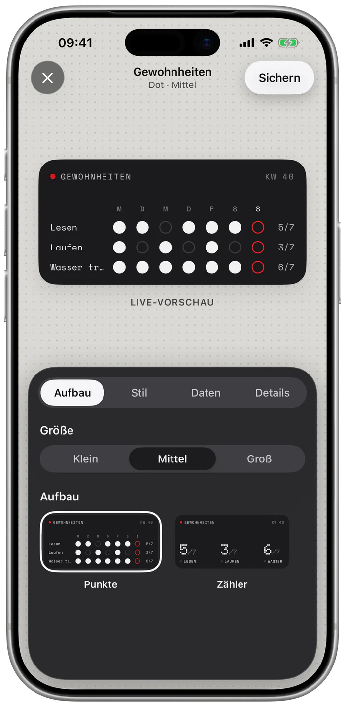 Editor der App auf dem iPhone: das Dot-Widget „Gewohnheiten“ in der Live-Vorschau, darunter die Einstellungen für Größe und Aufbau.