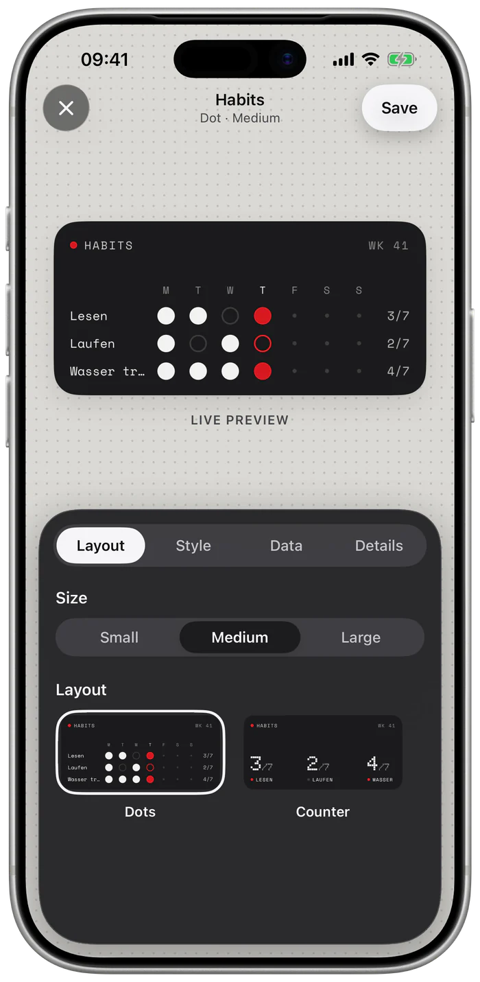 The app’s editor on iPhone: the Dot “Habits” widget in the live preview, with the size and layout settings below.